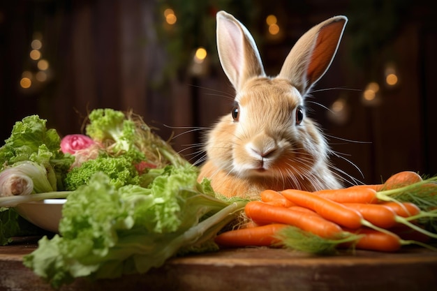 Coniglio domestico con il concetto di alimentazione sana di verdure fresche