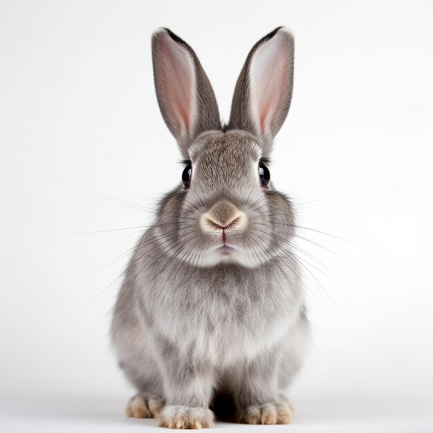 coniglio domestico grigio con orecchie grandi su uno sfondo grigio chiaro