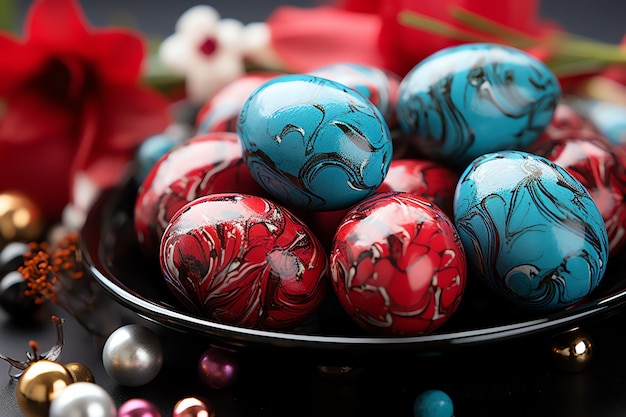 Coniglio felice con molte uova di Pasqua colorate concetto di giorno di Pasqua con coniglio nido caramelle o fiori