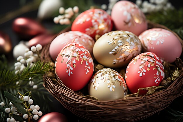 Coniglio felice con molte uova di Pasqua colorate concetto di giorno di Pasqua con coniglio nido caramelle o fiori