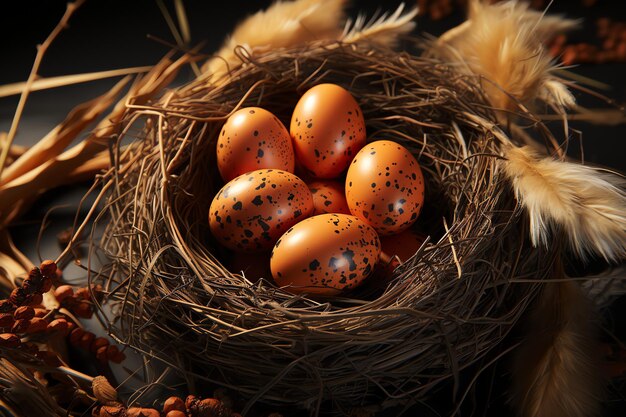 Coniglio felice con molte uova di Pasqua colorate concetto di giorno di Pasqua con coniglio nido caramelle o fiori