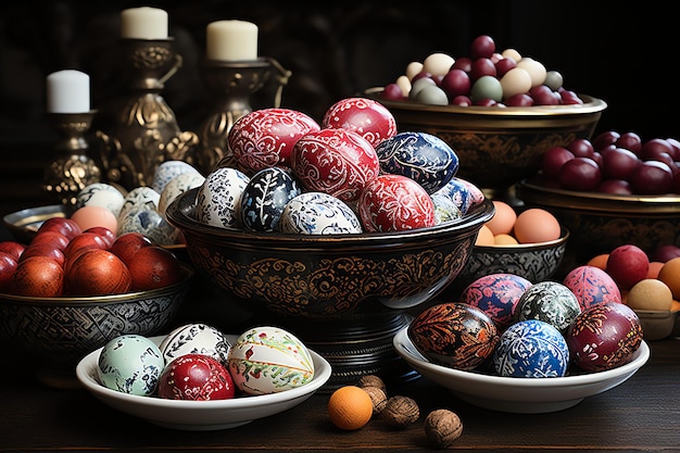 Coniglio felice con molte uova di Pasqua colorate concetto di giorno di Pasqua con coniglio nido caramelle o fiori