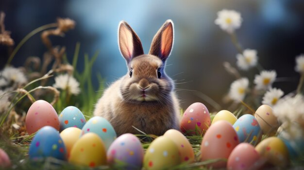 Coniglio felice con molte uova di Pasqua sull'erba sullo sfondo festivo per il design decorativo