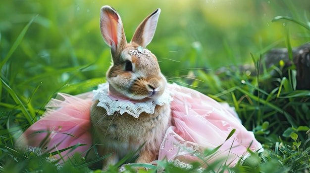 Coniglio in costume di principessa, signora alta, tema medievale, pelliccia corta, mascotte, surrealismo, primo piano, costume di lepre, sessione fotografica per animali domestici, concetto di un piccolo animale selvaggio in abbigliamento umano, generato da AI