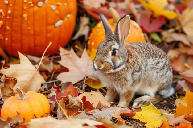 Coniglio in piccole sfumature in mezzo a foglie d'autunno e zucche