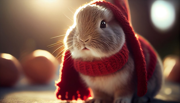 Coniglio in una sciarpa lavorata a maglia rossa su uno sfondo di uova di Pasqua generative ai