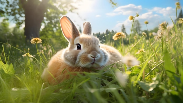Coniglio lanuginoso seduto sull'erba verde