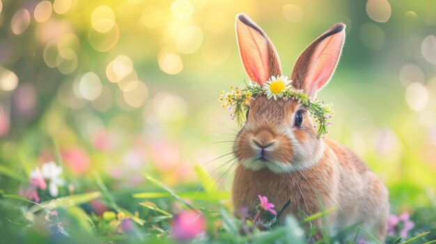 Coniglio marrone gioioso con corona di fiori di prato sullo sfondo di Bokeh Un ritratto stravagante di cuteness fo