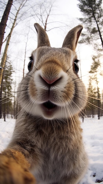 Coniglio o lepre tocca la telecamera per fare un selfie Selfie divertente ritratto di animale