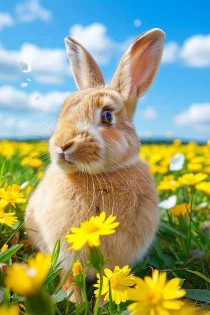 Coniglio primavera in un campo con fiori annusa un fiore verde prato fiori gialli e soleggiato giorno di primavera Pasqua