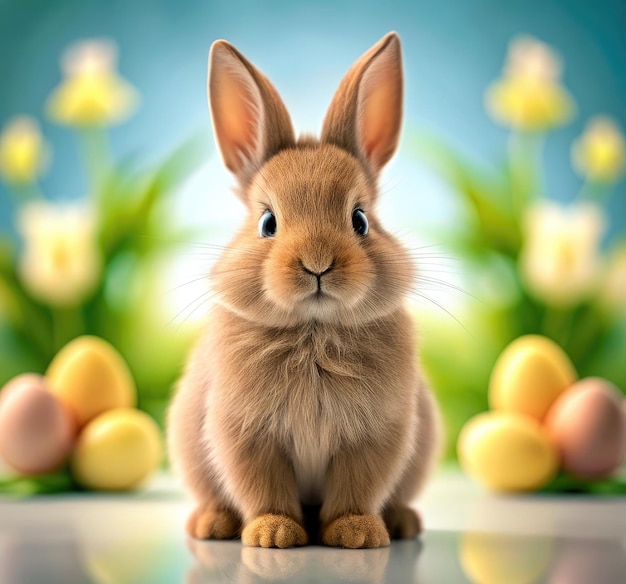 Coniglio realistico carino con uova gialle e fiori sullo sfondo concetto di Pasqua