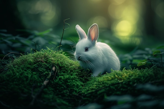 Coniglio sereno in una foresta mistica