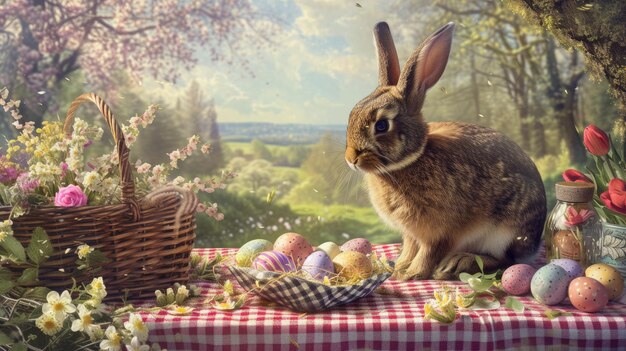 Coniglio su un tavolo da picnic con le uova contro il cielo e l'ambiente naturale