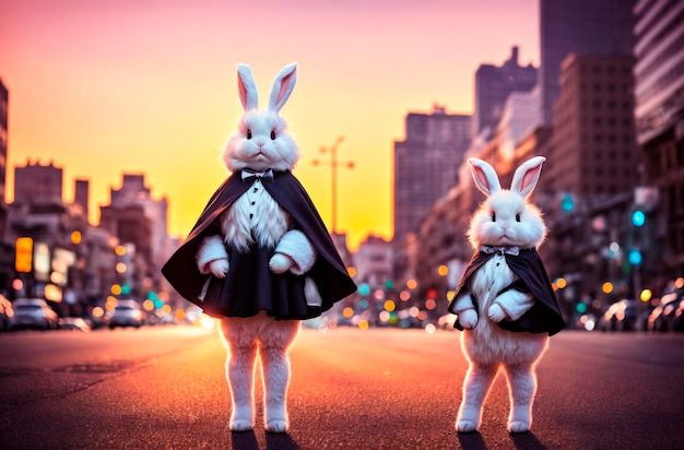 Coniglio supereroe Coniglietto bianco in costume fantastico IA generativa