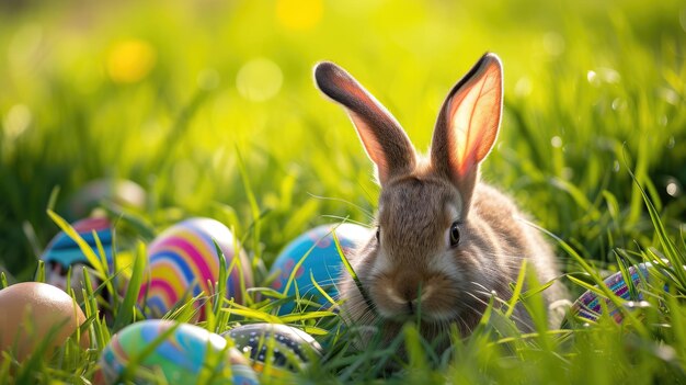 Coniglio tra le uova di Pasqua in un prato naturale