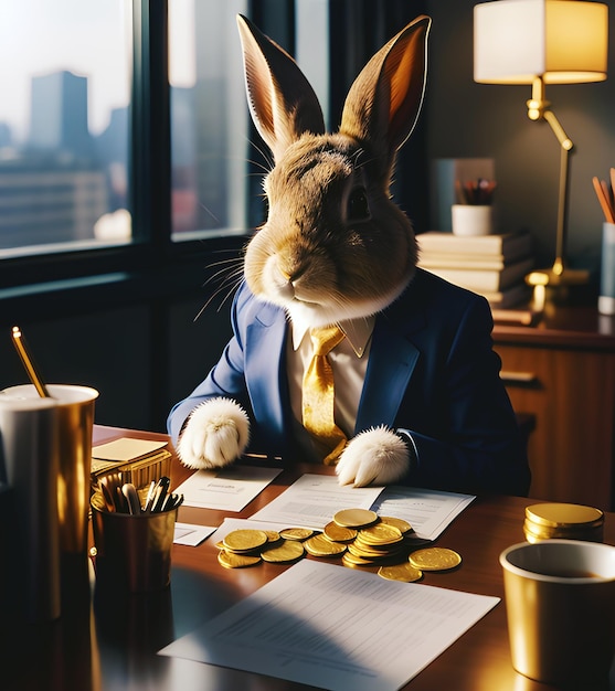 Coniglio vestito da uomo d'affari che fa la documentazione alla scrivania dell'ufficio