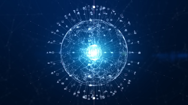 Connessione dati di rete tecnologica, rete digitale e concetto di sicurezza informatica