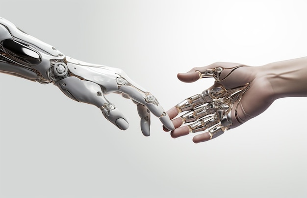 connessione della mano umana e della mano robotica tra l'uomo e la tecnologia in due mondi