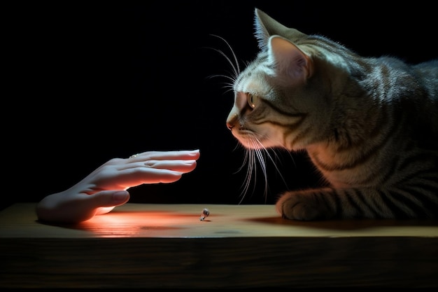 Connessione di compagni Il proprietario tende la mano all'animale mentre il gatto ascolta l'intelligenza artificiale generativa