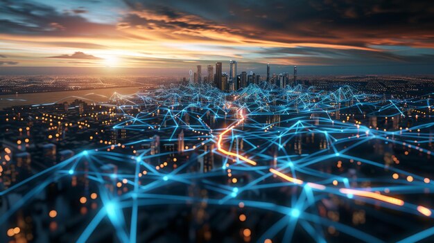 Connessione di rete globale che copre la città con linee di percezione innovativa Il concetto di 5G