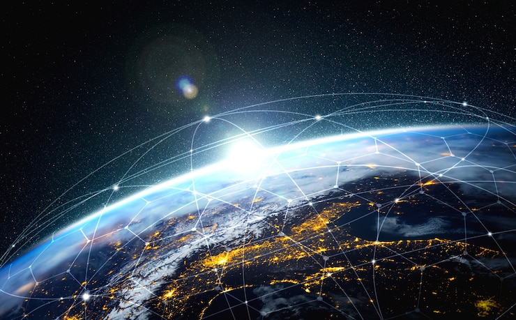 Foto connessione di rete globale che copre la terra con linee di percezione innovativa