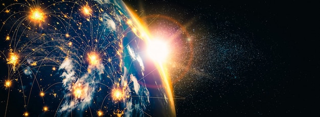 Connessione di rete globale che copre la terra con linee di percezione innovativa