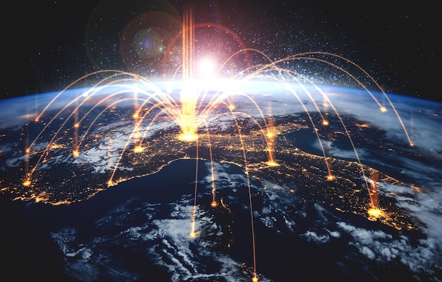 Connessione di rete globale che ricopre la terra con linee di percezione innovative