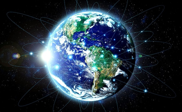 Connessione di rete globale che ricopre la terra con linee di percezione innovative