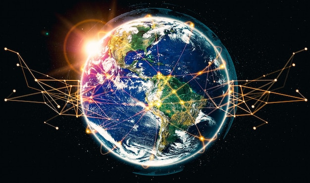 Connessione di rete globale che ricopre la terra con linee di percezione innovative