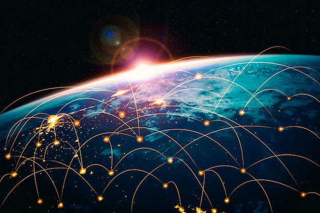 Connessione di rete globale che ricopre la terra con linee di percezione innovative