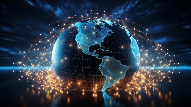 Connessione di rete globale Composizione della mappa mondiale e concetto di contorno aziendale globale Vista della terra che raffigura le comunicazioni globali