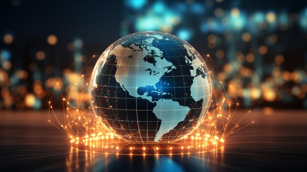 Connessione di rete globale Composizione della mappa mondiale e concetto di contorno aziendale globale Vista della terra che raffigura le comunicazioni globali