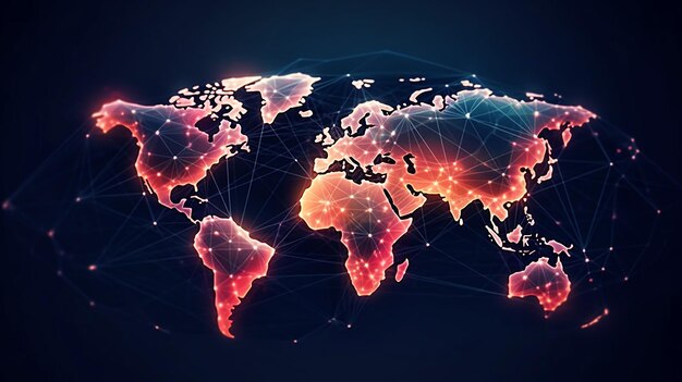 Connessione di rete globale Composizione della mappa mondiale e concetto di schema aziendale globale