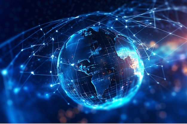 Connessione di rete globale su sfondo blu con rendering 3D dell'immagine tonica