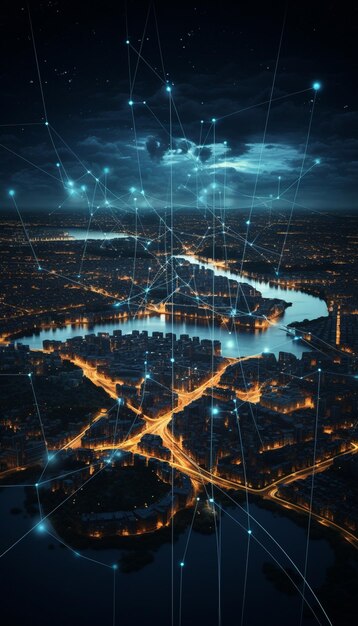 Connessione di rete globale su una città di notte Rendering 3D