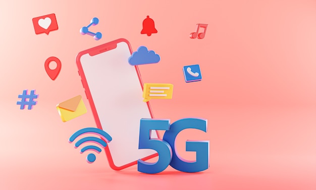 Connessione WiFi di concetto di telefono 5G con rendering 3D di icone