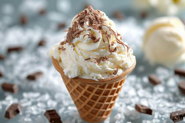 Cono di cialda con gelato soft alla vaniglia e cioccolato