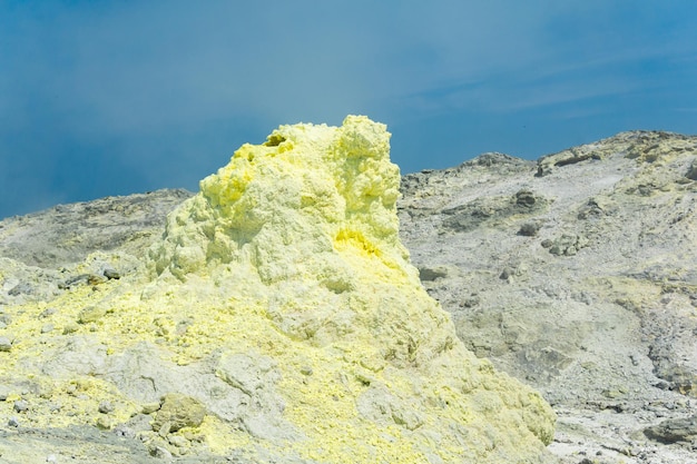 Cono di depositi di zolfo attorno ad una fumarola in un campo solfatarico contro un cielo blu