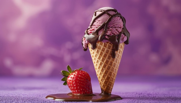 cono di gelato con pioggia di cioccolato e una fragola in cima