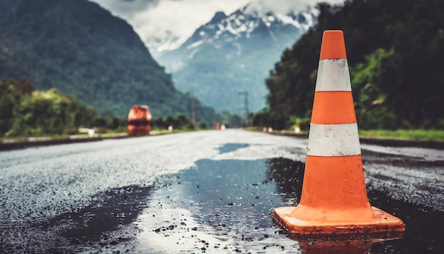 Cono di sicurezza arancione sull'asfalto bagnato dopo la pioggia Cono di traffico in plastica Lavori di manutenzione stradale