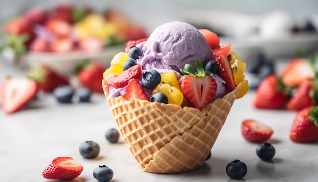 Cono di waffle gelato ai frutti di bosco dolce indulgenza estiva generato dall'intelligenza artificiale