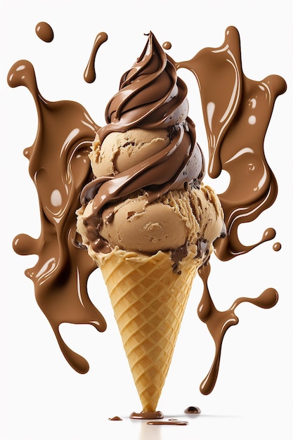 Cono gelato al cioccolato isolato su sfondo bianco IA generativa