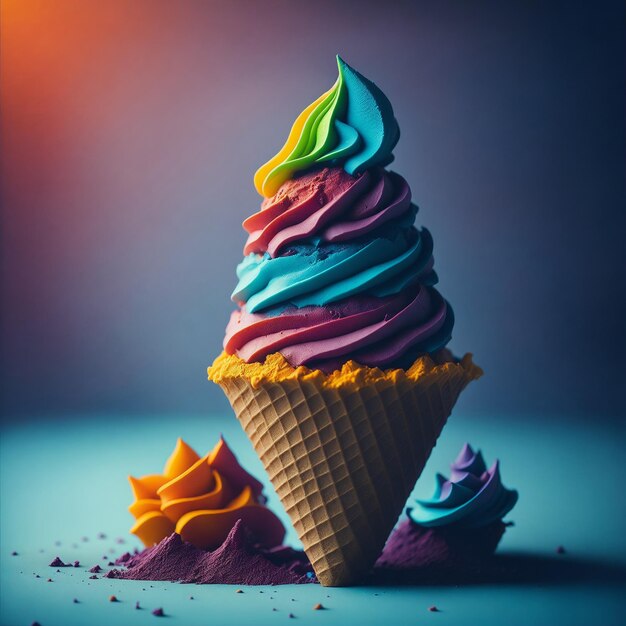 Cono gelato arcobaleno su uno sfondo fantasy creato con la tecnologia generativa AI