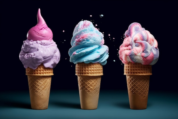 Cono gelato colorato arcobaleno jimmies condimenti al cioccolato e alla fragola concetto estivo di gelato galleggiante con condimenti IA generativa