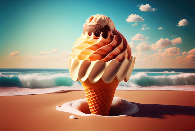 Cono gelato con condimenti dolci sulla spiaggia mare e cielo blu sullo sfondo estivo Concetto estivo di cibo e divertimento Tema dell'illustrazione dell'arte digitale IA generativa