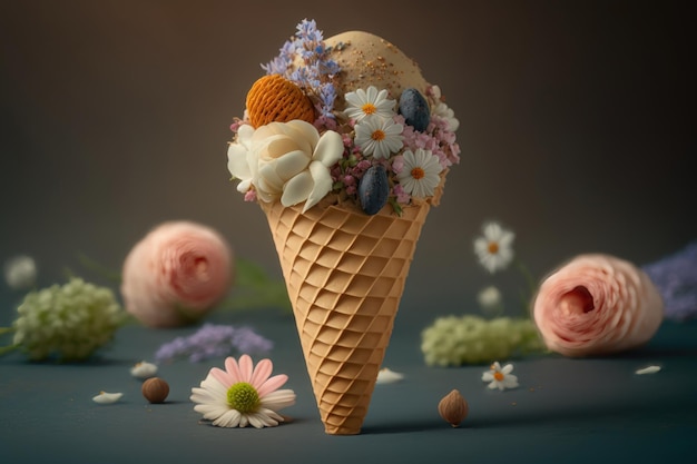 Cono gelato con fiori Primavera ed estate Stile floreale Flat lay AI Generation