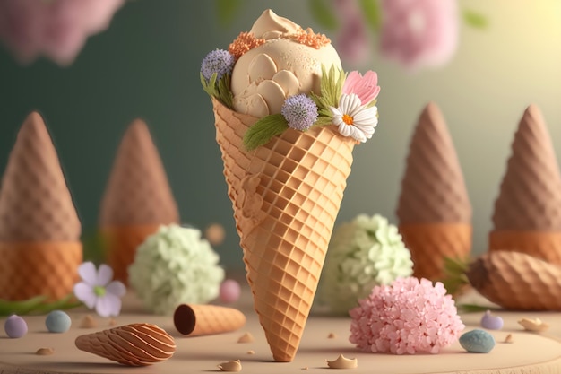 Cono gelato con fiori Primavera ed estate Stile floreale Flat lay AI Generation