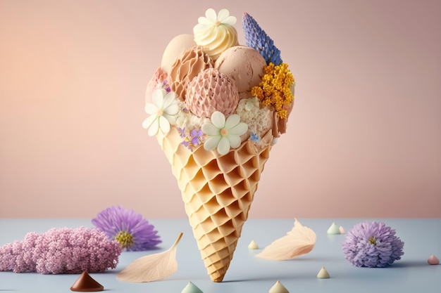 Cono gelato con fiori Primavera ed estate Stile floreale Flat lay AI Generation