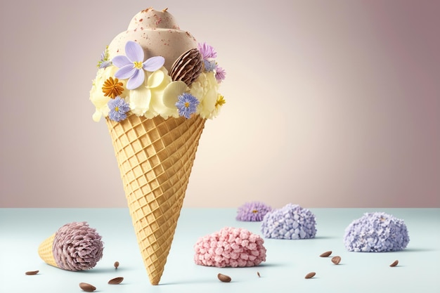 Cono gelato con fiori Primavera ed estate Stile floreale Flat lay AI Generation