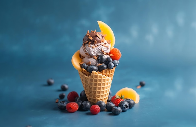 Cono gelato con gocce di cioccolato e frutti di bosco isolati su sfondo blu